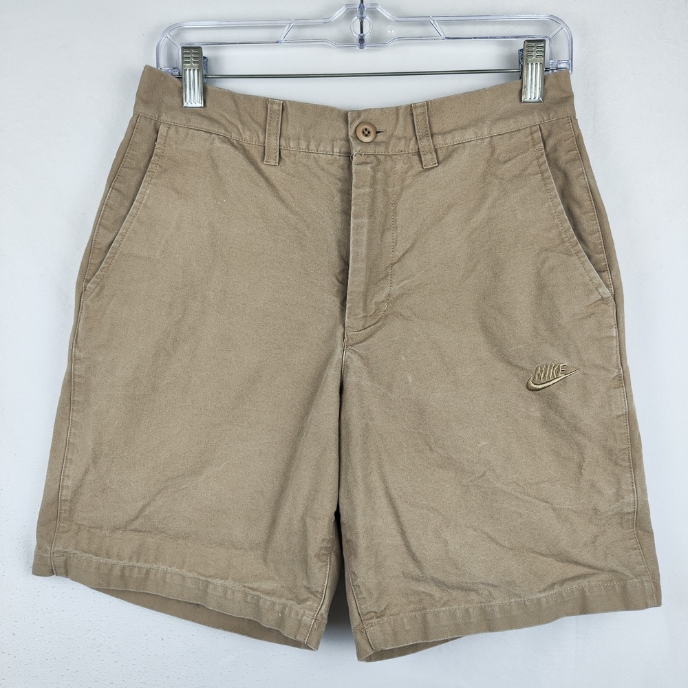 Nike Shorts Mens 28 Beige Chino Cotton Flat Front Casual Summer Swoosh Logo